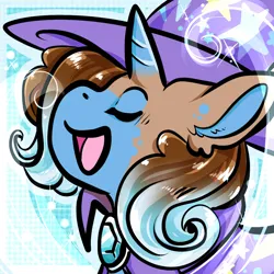Size: 1050x1050 | Tagged: safe, artist:xizana, derpibooru import, trixie, pony, unicorn, bust, cape, clothes, eyes closed, furry to pony, hat, image, jpeg, open mouth, portrait, smiling, solo, transformation, trixie's cape, trixie's hat