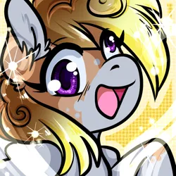 Size: 1050x1050 | Tagged: safe, artist:xizana, derpibooru import, derpy hooves, pegasus, pony, bust, furry to pony, image, jpeg, open mouth, open smile, portrait, smiling, solo, transformation