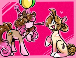 Size: 2186x1685 | Tagged: safe, artist:xizana, derpibooru import, pinkie pie, oc, earth pony, pony, balloon, colored hooves, duo, eye clipping through hair, furry to pony, hat, image, jpeg, open mouth, open smile, party hat, party horn, smiling, transformation, transformation sequence