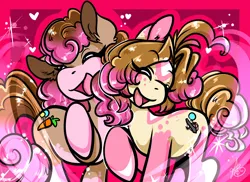 Size: 2251x1637 | Tagged: safe, artist:xizana, derpibooru import, pinkie pie, oc, earth pony, pony, colored hooves, duo, eye clipping through hair, eyes closed, furry to pony, image, jpeg, open mouth, open smile, side hug, smiling, transformation, transformation sequence