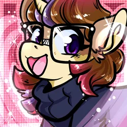 Size: 1050x1050 | Tagged: safe, artist:xizana, derpibooru import, moondancer, pony, unicorn, bust, clothes, furry to pony, glasses, image, jpeg, open mouth, open smile, smiling, solo, sweater, transformation