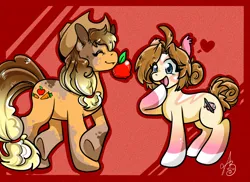 Size: 2251x1637 | Tagged: safe, artist:xizana, derpibooru import, applejack, oc, earth pony, pony, apple, colored hooves, crossed hooves, duo, eye clipping through hair, food, furry to pony, heart, image, jpeg, open mouth, open smile, smiling, transformation