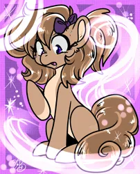 Size: 1726x2134 | Tagged: safe, artist:xizana, derpibooru import, oc, unofficial characters only, earth pony, pony, blank flank, blushing, bow, female, hair bow, image, jpeg, post-transformation, sitting, solo, transformation