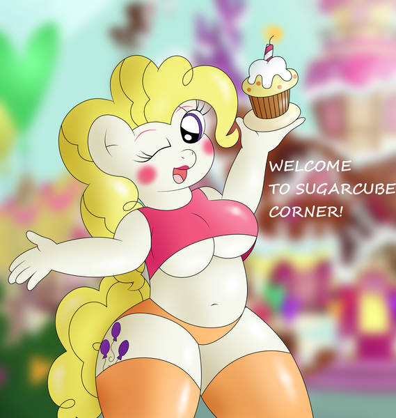 Size: 2950x3109 | Tagged: suggestive, alternate version, artist:lewdfler85, derpibooru import, surprise, anthro, belly button, big breasts, breasts, busty surprise, candle, chubby, clothes, cupcake, derpibooru exclusive, female, five nights at freddy's, food, funtime chica, image, lipstick, looking at you, makeup, one eye closed, open mouth, open smile, panties, parody, png, pose, sexy, shirt, smiling, socks, solo, solo female, stockings, sugarcube corner, surprise (g1), text, thick, thigh highs, underboob, underwear, wide hips, wink
