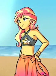 Size: 764x1024 | Tagged: safe, artist:sugarcube269, derpibooru import, sunset shimmer, human, equestria girls, equestria girls series, beach, belly button, clothes, female, image, jpeg, ocean, sarong, solo, swimsuit, water