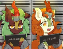 Size: 2843x2227 | Tagged: safe, artist:haichiroo, derpibooru import, autumn blaze, cinder glow, summer flare, barbie mugshot meme, clothes, commissioner:rainbowdash69, cuffed, duo, image, jpeg, meme, mugshot, never doubt rainbowdash69's involvement, prison outfit, prisoner, varying degrees of want