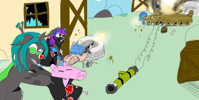 Size: 1432x720 | Tagged: semi-grimdark, artist:samueldavillo, derpibooru import, cozy glow, queen chrysalis, twilight sparkle, changeling, changeling queen, hybrid, pegasus, g5, akatsuki, ambush, assault rifle, bullet hole, female, fight, gun, gun fight, house, image, m16, misty brightdawn, mordecai, naruto, peppa pig, png, pp90 bizon (gun), regular show, rifle, t90, tank (vehicle), tire, tow missile, weapon