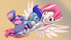 Size: 5040x2835 | Tagged: safe, artist:nightietime, derpibooru import, oc, oc:evening skies, oc:sierra nightingale, unofficial characters only, 3d, :p, brother and sister, female, flying, hug, image, male, png, siblings, tongue out