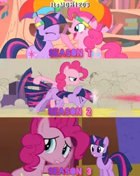 Size: 2458x3072 | Tagged: safe, derpibooru import, edit, edited screencap, editor:itsmgh1203, screencap, pinkie pie, twilight sparkle, earth pony, pony, unicorn, a canterlot wedding, feeling pinkie keen, season 1, season 2, season 3, too many pinkie pies, cute, diapinkes, duo, duo female, eyes closed, female, frown, golden oaks library, grin, image, jpeg, library, magic, mare, open mouth, open smile, ponyville town hall, smiling, telekinesis, text, twiabetes, unicorn twilight