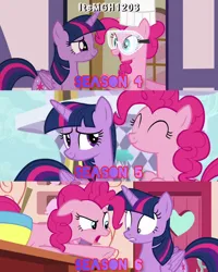 Size: 2458x3072 | Tagged: safe, derpibooru import, edit, edited screencap, editor:itsmgh1203, screencap, pinkie pie, twilight sparkle, twilight sparkle (alicorn), alicorn, earth pony, pony, amending fences, maud pie (episode), ppov, season 4, season 5, season 6, ^^, chef's hat, cute, diapinkes, duo, duo female, eyes closed, female, floppy ears, goggles, hat, image, jpeg, looking at each other, looking at someone, mare, open mouth, open smile, pointing, smiling, smiling at each other, sugarcube corner, text