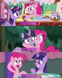 Size: 2458x3072 | Tagged: safe, derpibooru import, edit, edited screencap, editor:itsmgh1203, screencap, mean twilight sparkle, pinkie pie, twilight sparkle, twilight sparkle (alicorn), alicorn, earth pony, pony, a trivial pursuit, season 7, season 8, season 9, secrets and pies, the mean 6, spoiler:s08, spoiler:s09, aweeg*, chocolate, duo, duo female, female, food, frown, grin, hug, image, jpeg, mare, open mouth, open smile, puffy cheeks, smiling, sugarcube corner, text