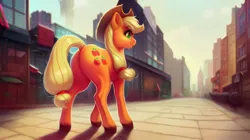 Size: 2562x1438 | Tagged: safe, derpibooru import, machine learning generated, stable diffusion, applejack, earth pony, pony, ai content, applejack's hat, building, butt, city, cowboy hat, female, generator:pony diffusion v4, hat, image, jpeg, looking at you, looking back, looking back at you, mare, prompter:siber, skyscraper, smiling, smiling at you, solo, street