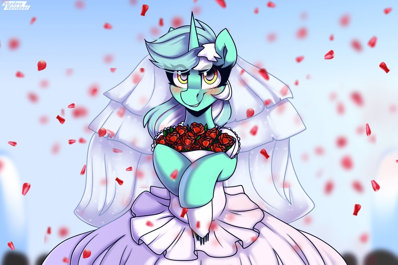 Size: 3375x2250 | Tagged: safe, artist:shadowreindeer, derpibooru import, lyra heartstrings, pony, unicorn, clothes, dress, high res, image, jpeg, looking at you, marriage, solo, wedding, wedding dress