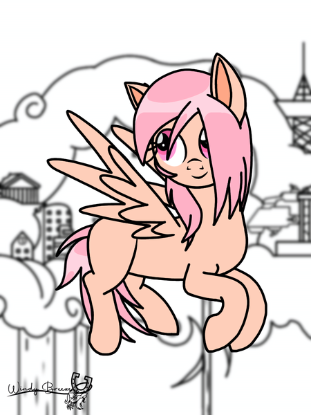 Size: 1536x2048 | Tagged: safe, artist:windy breeze, derpibooru import, oc, oc:thunder light, unofficial characters only, pegasus, fallout equestria, city, cloud city, cute, flying, image, ocbetes, pink eyes, pink mane, png, signature, sketch, smiling, solo, spread wings, wings