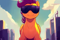 Size: 2304x1536 | Tagged: safe, derpibooru import, machine learning generated, stable diffusion, scootaloo, pegasus, pony, ai content, cloud, female, generator:pony diffusion v4, image, jpeg, looking at you, mare, prompter:siber, sky, skyscraper, solo, sunglasses