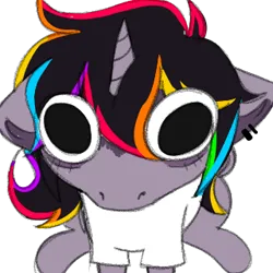 Size: 320x320 | Tagged: safe, artist:woofpoods, derpibooru import, oc, oc:strobestress, unofficial characters only, pony, unicorn, clothes, derp, ear fluff, ear piercing, earring, funny, image, jewelry, looking at you, meme, messy hair, messy mane, multicolored hair, piercing, png, rainbow hair, shirt, solo, staring at you, staring into your soul, t-shirt, tired eyes, white shirt