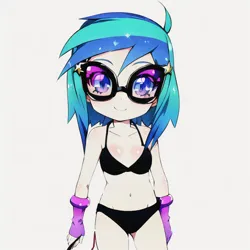 Size: 640x640 | Tagged: suggestive, derpibooru import, editor:ah96, editor:luckreza8, machine learning generated, vinyl scratch, human, equestria girls, ai content, clothes, female, generator:imgcreator, glasses, happy, image, png, simple background, smiley face, solo, underwear, white background