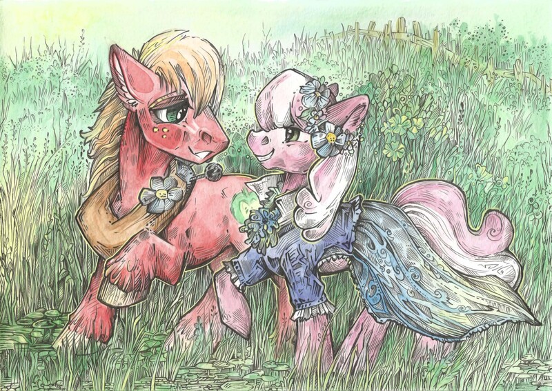 Size: 2326x1650 | Tagged: safe, artist:taski-guru, derpibooru import, big macintosh, cheerilee, earth pony, pony, cheerimac, clothes, daily deviation, dress, eye contact, female, flower, flower in hair, fluffy, grin, image, jpeg, lidded eyes, looking at each other, looking at someone, male, raised hoof, shipping, smiling, stallion, straight
