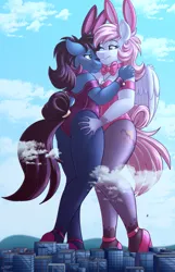 Size: 2500x3882 | Tagged: suggestive, artist:sugaryviolet, derpibooru import, oc, oc:altus bastion, oc:evening skies, unofficial characters only, anthro, breasts, bunny ears, bunny suit, butt, butt grab, butt touch, clothes, female, giantess, grope, high heels, image, macro, pinup, png, shoes