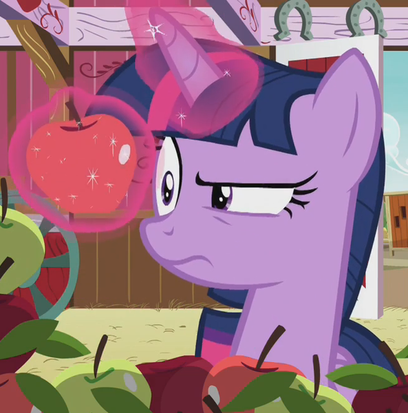 Size: 658x666 | Tagged: safe, derpibooru import, screencap, twilight sparkle, twilight sparkle (alicorn), alicorn, pony, harvesting memories, spoiler:harvesting memories, spoiler:mlp friendship is forever, apple, confused, cropped, female, food, frown, image, magic, mare, png, sweet apple acres, telekinesis