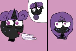 Size: 2203x1480 | Tagged: safe, derpibooru import, oc, oc:hexaline equeeb, oc:peppaline hequeeb, unicorn, bags under eyes, cloak, clone, clothes, comic, food bowl, glasses, image, melting, png, purple background, purple eyes, purple mane, simple background, speech bubble, sweat