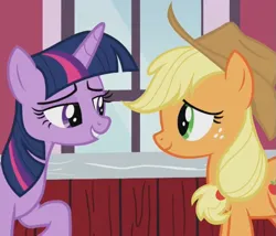 Size: 727x621 | Tagged: safe, derpibooru import, screencap, applejack, twilight sparkle, twilight sparkle (alicorn), alicorn, earth pony, pony, harvesting memories, spoiler:harvesting memories, spoiler:mlp friendship is forever, bedroom eyes, cropped, duo, eye contact, female, image, looking at each other, looking at someone, mare, png, smiling, sweet apple acres, sweet apple acres barn