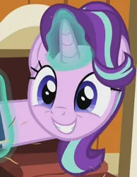 Size: 407x525 | Tagged: safe, derpibooru import, screencap, starlight glimmer, pony, unicorn, harvesting memories, spoiler:harvesting memories, spoiler:mlp friendship is forever, apple, apple tree, book, chicken coop, cropped, cute, excited, female, food, glimmerbetes, glow, glowing horn, grin, hair flip, horn, image, levitation, magic, magic aura, mare, png, smiling, solo, sweet apple acres, telekinesis, tree