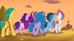 Size: 856x480 | Tagged: safe, derpibooru import, screencap, hitch trailblazer, izzy moonbow, pipp petals, sunny starscout, zipp storm, earth pony, pegasus, pony, unicorn, g5, my little pony: tell your tale, spoiler:g5, spoiler:my little pony: tell your tale, spoiler:tyts01e53, animated, as the misty clears, coat markings, crystal brighthouse, evil grin, female, gif, grin, image, littering, male, mane five (g5), mane stripe sunny, mare, misty brightdawn, smiling, socks (coat marking), stallion, trash, walking