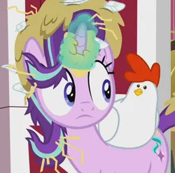 Size: 726x720 | Tagged: safe, derpibooru import, screencap, starlight glimmer, bird, chicken, pony, unicorn, harvesting memories, spoiler:harvesting memories, spoiler:mlp friendship is forever, cropped, eye contact, female, hay, image, looking at each other, looking at someone, magic, mare, messy, png, sweet apple acres, sweet apple acres barn