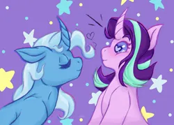 Size: 1200x857 | Tagged: safe, artist:zoobob_, derpibooru import, starlight glimmer, trixie, unicorn, curved horn, duo, eyes closed, female, heart, heart eyes, horn, image, imminent kissing, jpeg, leaning forward, lesbian, looking at each other, looking at someone, shipping, startrix, surprised, wingding eyes