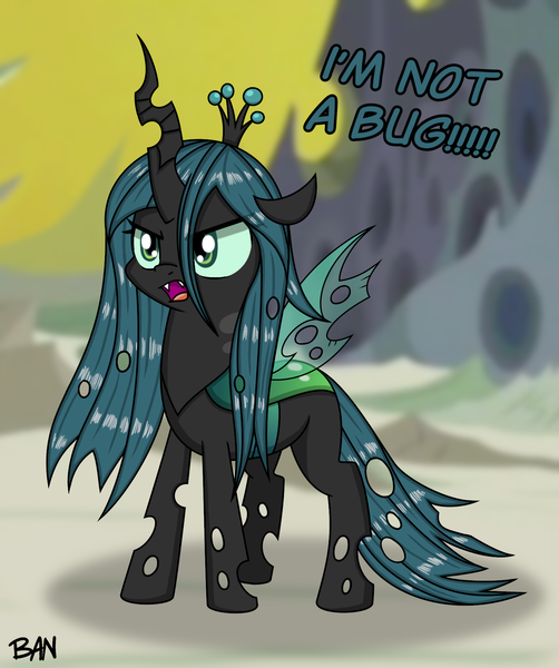 Size: 1520x1816 | Tagged: safe, artist:banquo0, derpibooru import, queen chrysalis, changeling, changeling queen, pony, angry, female, filly, filly queen chrysalis, foal, image, open mouth, png, solo, text, young, younger
