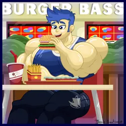 Size: 4500x4500 | Tagged: safe, artist:musclecreationist, derpibooru import, flash sentry, human, equestria girls, absurd resolution, burger, drink, drinking straw, flex sentry, food, french fries, hamburger, image, male, muscles, muscular male, overdeveloped muscles, png, solo