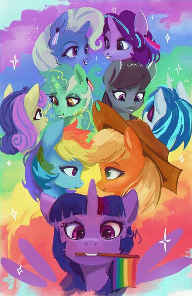 Size: 1500x2312 | Tagged: safe, artist:hierozaki, derpibooru import, applejack, bon bon, lyra heartstrings, octavia melody, rainbow dash, starlight glimmer, sweetie drops, trixie, twilight sparkle, twilight sparkle (alicorn), vinyl scratch, alicorn, earth pony, pony, unicorn, appledash, bust, female, image, jpeg, lesbian, lesbian pride flag, looking at each other, looking at someone, lyrabon, mouth hold, pride, pride flag, pride month, rainbow, scratchtavia, shipping, smiling, sparkles, startrix, trans trixie, transgender, transgender pride flag