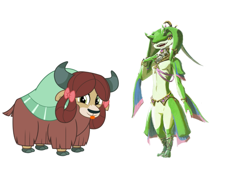 Size: 1600x1300 | Tagged: safe, derpibooru import, yona, yak, zora, :p, crossover, duo, duo female, female, image, looking at you, namesake, png, simple background, the legend of zelda, the legend of zelda: tears of the kingdom, tongue out, transparent background, vector, yona (zelda)