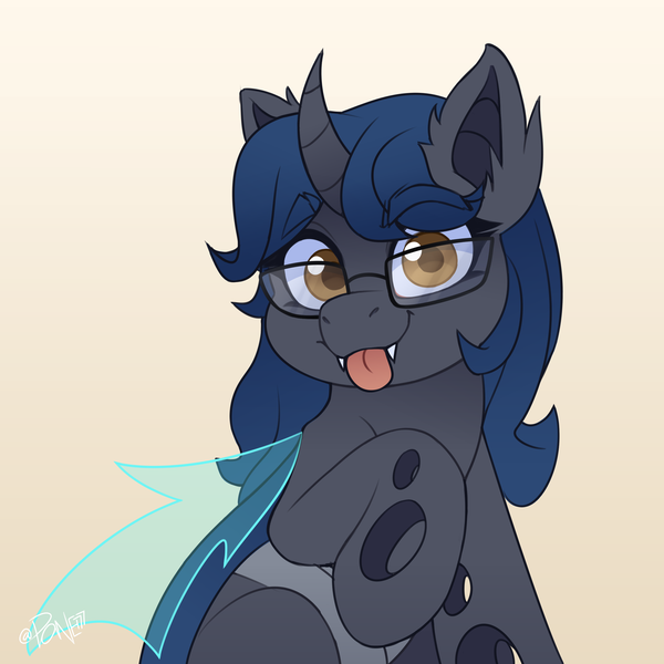 Size: 2704x2704 | Tagged: safe, artist:rivin177, derpibooru import, oc, oc:sweet scribe, unofficial characters only, changeling, pony, changeling horn, floppy ears, glasses, gradient background, holes, hooves up, horn, image, looking at you, png, raised hoof, sharp teeth, sitting, solo, staring at you, teeth, tongue out