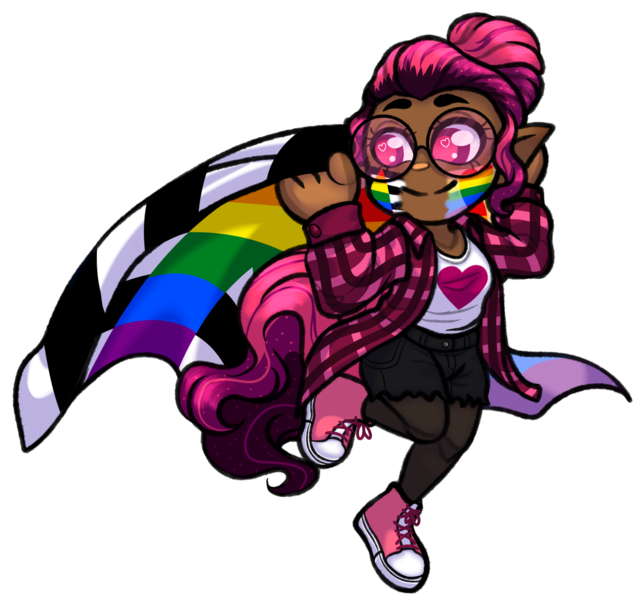 Size: 2118x1982 | Tagged: safe, artist:malinraf1615, derpibooru import, oc, oc:venus red heart, human, chibi, clothes, commission, converse, dark skin, elf ears, face paint, female, flannel, glasses, heart, heart eyes, homoromantic, homoromantic pride flag, humanized, humanized oc, image, png, pride flag, pride month, shirt, shoes, shorts, simple background, socks, solo, stockings, straight ally flag, t-shirt, tail, tailed humanization, thigh highs, transparent background, wingding eyes, ych result
