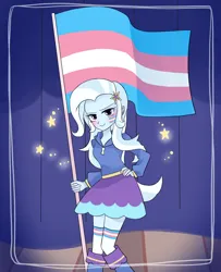 Size: 1300x1600 | Tagged: safe, artist:madokakoaki, derpibooru import, trixie, equestria girls, blushing, boots, clothes, curtains, cute, diatrixes, face paint, female, hoodie, image, png, pride, pride flag, pride month, shoes, skirt, socks, solo, stage, striped socks, trans female, trans trixie, transgender, transgender pride flag