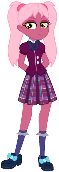 Size: 438x1272 | Tagged: safe, artist:rainbowstarcolour262, derpibooru import, oc, oc:taffycoat, unofficial characters only, human, equestria girls, arm behind back, bowtie, clothes, crystal prep academy uniform, eyeshadow, female, image, looking at you, makeup, pigtails, plaid skirt, pleated skirt, png, school uniform, scrunchie, shirt, shoes, simple background, skirt, smiling, socks, solo, standing, transparent background, twintails