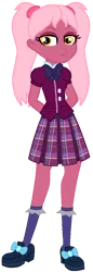 Size: 438x1272 | Tagged: safe, artist:rainbowstarcolour262, derpibooru import, oc, oc:taffycoat, unofficial characters only, human, equestria girls, arm behind back, bowtie, clothes, crystal prep academy uniform, eyeshadow, female, image, looking at you, makeup, pigtails, plaid skirt, pleated skirt, png, school uniform, scrunchie, shirt, shoes, simple background, skirt, smiling, socks, solo, standing, transparent background, twintails
