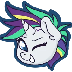 Size: 1000x1000 | Tagged: safe, artist:cadetredshirt, derpibooru import, rarity, pony, unicorn, alternate hairstyle, blue eyes, bust, cel shading, chibi, digital art, ear fluff, horn, image, looking at you, multicolored hair, one eye closed, png, punk, raripunk, shading, shaved mane, smiling, solo, white coat, wink