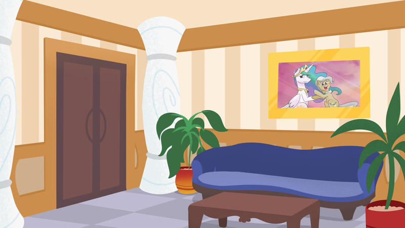 Size: 3840x2160 | Tagged: safe, artist:cadetredshirt, derpibooru import, mayor mare, princess celestia, alicorn, earth pony, pony, accessory, background, coffee table, couch, crown, digital art, digital painting, door, elements of justice, excited, glasses, grin, image, jewelry, looking at you, mulan, necklace, nervous, nervous grin, open mouth, open smile, painting, parody, pillar, plant, png, pointing, regalia, royalty, shaking hoof, smiling, smiling at you, sunset, sweat, sweatdrop