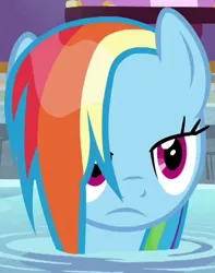 Size: 418x530 | Tagged: safe, derpibooru import, screencap, rainbow dash, pegasus, pony, deep tissue memories, spoiler:deep tissue memories, spoiler:mlp friendship is forever, cropped, eyebrows, female, frown, hair over one eye, hot tub, image, mare, multicolored mane, narrowed eyes, png, ponyville spa, rainbow dash is not amused, raised eyebrow, unamused, water, wet, wet mane