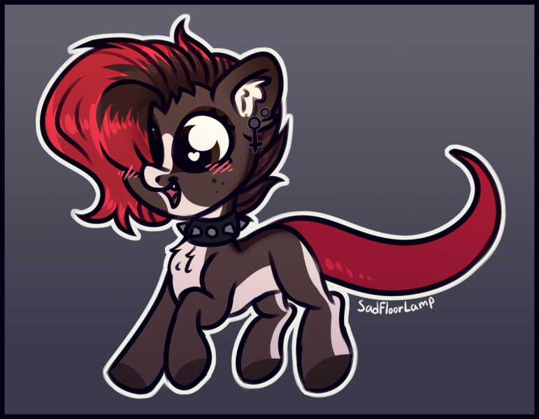 Size: 2484x1932 | Tagged: safe, artist:sadfloorlamp, derpibooru import, oc, oc:torsher, gecko, hybrid, lizard, original species, pony, beautiful, blushing, brown eyes, chibi, choker, collar, colored, cute, cute pony, digital art, ear fluff, ear piercing, earring, eyelashes, fangs, female, full body, fur, gradient background, gray background, high res, image, jewelry, looking sideways, looking to the left, mare, multicolored hair, multicolored mane, open mouth, outline, piercing, png, quadrupedal, raised hoof, raised hooves, red hair, red mane, red tail, sideways glance, signature, simple background, smiling, solo, spiked choker, spiked collar, tail, white outline