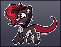 Size: 2484x1932 | Tagged: safe, artist:sadfloorlamp, derpibooru import, oc, oc:torsher, gecko, hybrid, lizard, original species, pony, beautiful, blushing, brown eyes, chibi, choker, collar, colored, cute, cute pony, digital art, ear fluff, ear piercing, earring, eyelashes, fangs, female, full body, fur, gradient background, gray background, high res, image, jewelry, looking sideways, looking to the left, mare, multicolored hair, multicolored mane, open mouth, outline, piercing, png, quadrupedal, raised hoof, raised hooves, red hair, red mane, red tail, sideways glance, signature, simple background, smiling, solo, spiked choker, spiked collar, tail, white outline