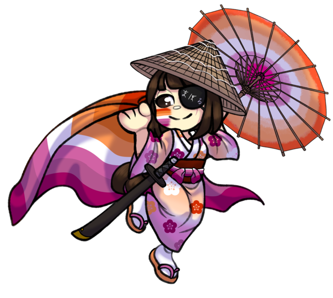 Size: 2652x2377 | Tagged: safe, artist:malinraf1615, derpibooru import, oc, oc:ohasu, unofficial characters only, human, asian conical hat, chibi, clothes, commission, eye scar, eyepatch, face paint, facial scar, female, hat, humanized, humanized oc, image, japanese, katana, kimono (clothing), lesbian pride flag, moon runes, png, pride, pride flag, pride month, sandals, scar, simple background, socks, solo, straw hat, sword, tail, tailed humanization, transparent background, umbrella, weapon, ych result