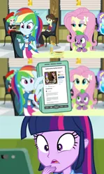 Size: 1280x2142 | Tagged: safe, derpibooru import, edit, edited screencap, screencap, fluttershy, rainbow dash, spike, twilight sparkle, twilight sparkle (alicorn), alicorn, dog, human, equestria girls, rainbow rocks, comic, cuckoo-loca, daisy duck, image, meme, minnie mouse, mobile phone, phone, png, screencap comic, smartphone, spike the dog, yoga