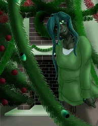 Size: 2100x2700 | Tagged: semi-grimdark, artist:sixes&sevens, derpibooru import, beetle, insect, fanfic:the sunset archives, equestria girls, chimney, christmas, christmas tree, fanfic art, female, holiday, image, looking at you, missing eye, png, solo, tinsel, tree, trypophobia