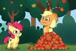 Size: 1800x1200 | Tagged: safe, artist:prixy05, derpibooru import, apple bloom, applejack, earth pony, pony, g5, my little pony: tell your tale, apple, apple bloom's bow, apple sisters, apple tree, applejack's hat, bonk, bow, cowboy hat, duo, duo female, female, filly, foal, food, freckles, g4, g4 to g5, generation leap, grin, hair bow, hat, image, mare, nervous, nervous grin, oops, pale belly, png, siblings, sisters, smiling, swirly eyes, tree, unshorn fetlocks