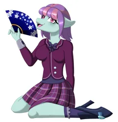 Size: 2413x2500 | Tagged: safe, artist:melodytheartpony, derpibooru import, sunny flare, anthro, blushing, bow, clothes, commission, eyelashes, fan, female, hand behind back, hand fan, high heels, image, looking at you, plaid skirt, png, shirt, shoes, signature, simple background, sitting, skirt, smiling, uniform, white background