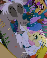 Size: 1080x1350 | Tagged: artist needed, source needed, safe, derpibooru import, discord, fluttershy, draconequus, pegasus, pony, confetti, discoshy, female, image, jpeg, male, mare, party horn, selfie, shipping, straight